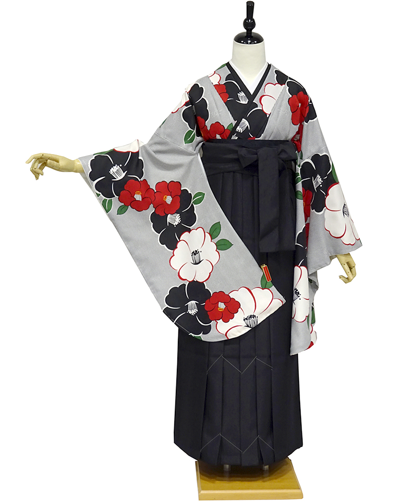 卒業式 袴 | 縞に赤黒ツバキ Fサイズ・ 黒袴 | きもの遊美