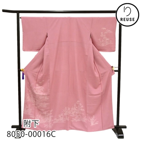 付下げ  袷 正絹 リユース 中古 淡いピンク 青海波 江戸小紋に流水 8050-00016C ★