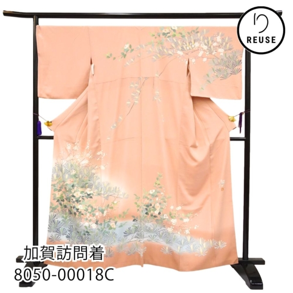 加賀友禅訪問着  袷 正絹 リユース 中古 松竹梅と椿の花 6050-00018C★