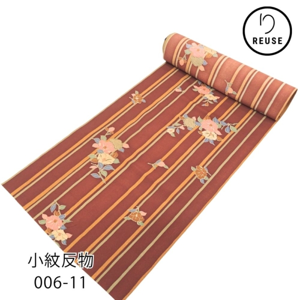 小紋反物 リユース ポリエステル レトロモダンな縦縞に花文様 006-11K(8050-00290)★