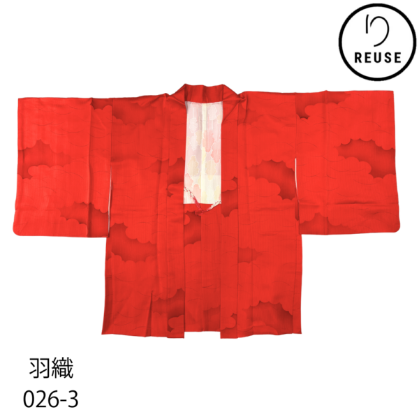 羽織 袷 正絹 リユース 中古 雲どり文様 鮮やかな赤地 026-3R(8050-00363)