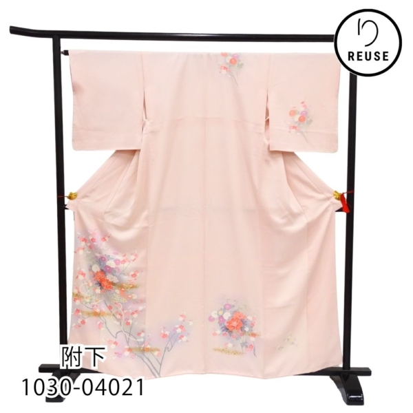 附下 袷 正絹 リユース 中古 淡いピンク/豪華な手描き友禅風 花束文様 1030-04021