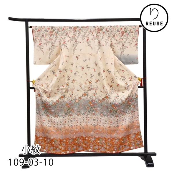 小紋 袷 正絹 リユース 中古 京友禅 豪華花尽くし文様 裾ぼかし 付け下げ風 109-03-10(8050-00520)