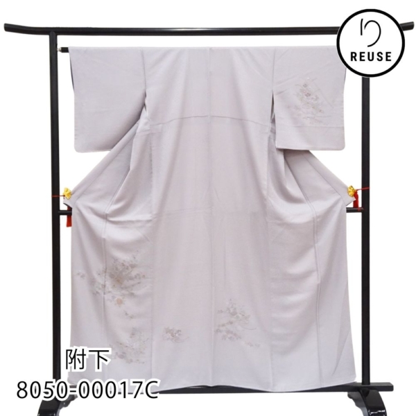 附下 袷 正絹 リユース 中古 スワトウ刺繍 淡いグレー/花車や楽器 8050-00017C