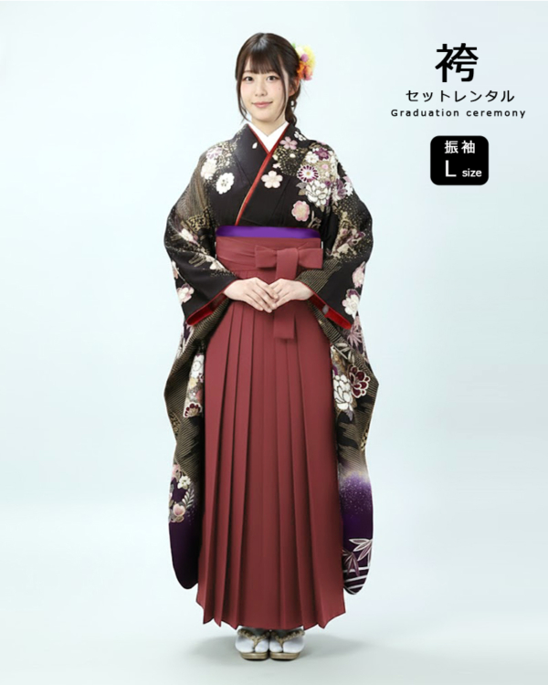 卒業式 袴 |振袖 牡丹・菊と華やか古典柄 Lサイズ・えんじ袴