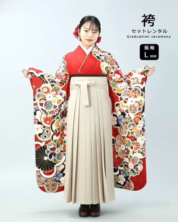 卒業式 袴 |振袖 赤地に色鮮やかな花丸文 Lサイズ・アイボリー袴