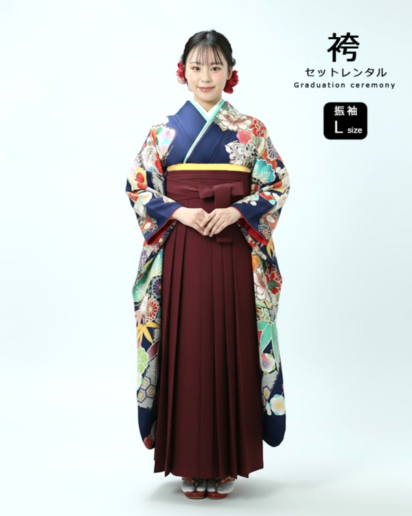 卒業式 袴 |振袖 扇面に咲き誇る四季の花々 Lサイズ・えんじ袴