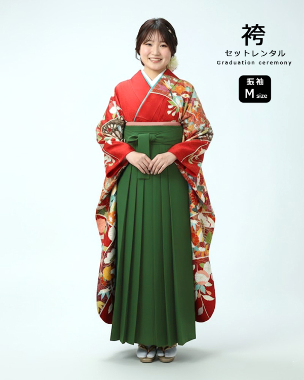 卒業式 袴 |振袖 赤地 熨斗目と小さな花々 Mサイズ・ 抹茶袴