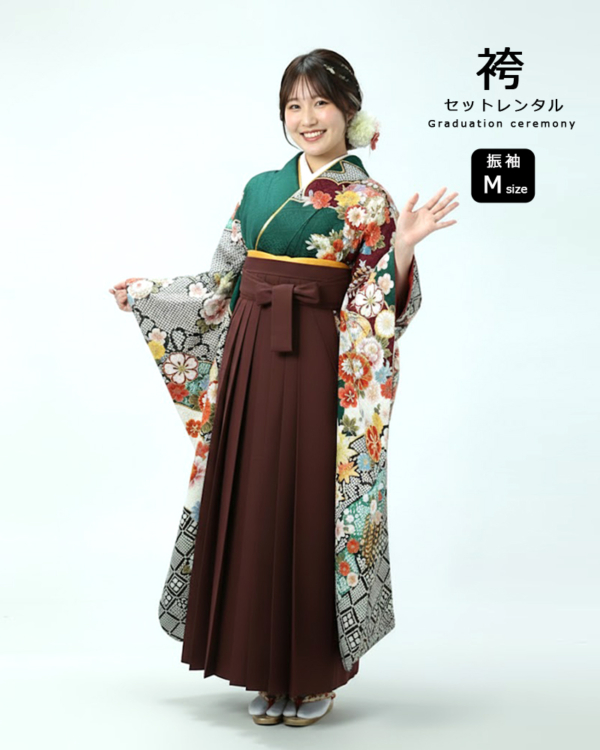卒業式 袴 |振袖 深緑地に鞠と四季花 Mサイズ・ エンジ袴