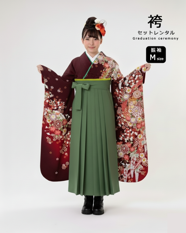 卒業式 袴 |振袖 菊と貝桶 深い赤地 Mサイズ・ 抹茶袴