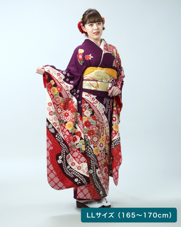 大人の華やかさ 濃紫×朱赤に菊と御所車