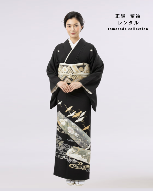 黒留袖 | 正絹　Lサイズ　空を舞う鶴と四季折々の花々　