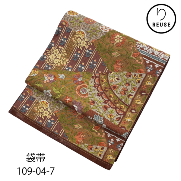 礼装用袋帯 正絹 リユース 中古 唐花文様 パッチワーク調 茶系 k109-04-7(8050-00541)