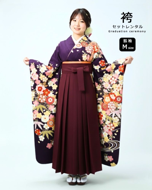 卒業式 袴 |振袖 紫地に咲き誇る雅な花々 Mサイズ・ エンジ袴