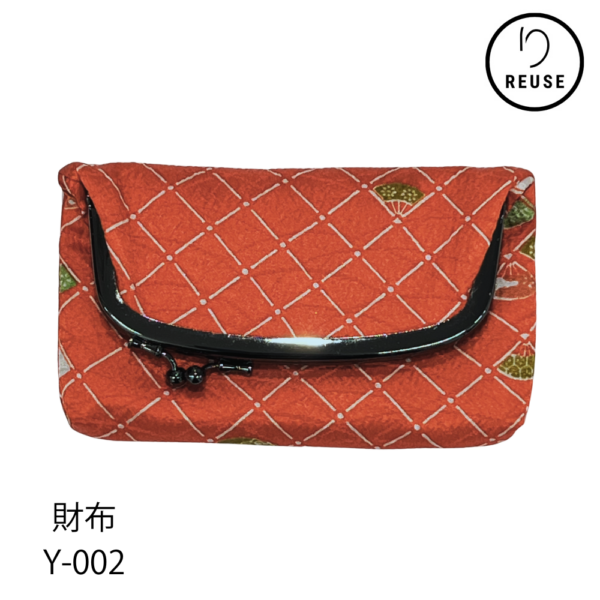 財布 和柄がま口ポーチ 橙・扇子 リユース 中古 Y-002 ★