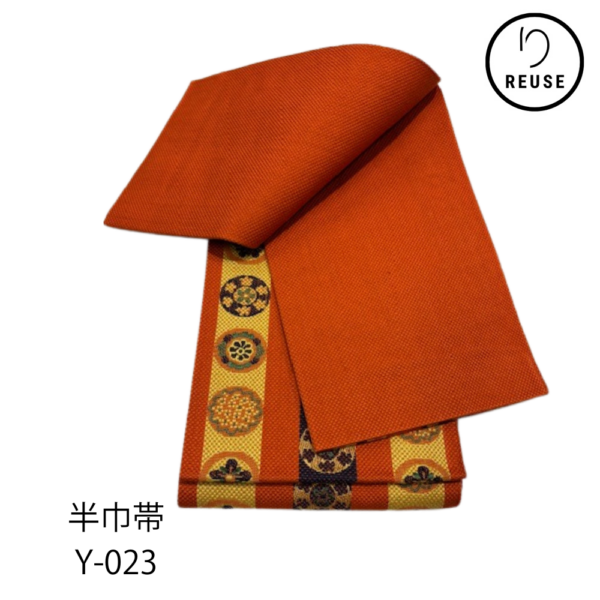 半巾帯  花丸紋　オレンジ×花輪 　 浴衣 小紋 紬 リユース 中古 Y-023 ★