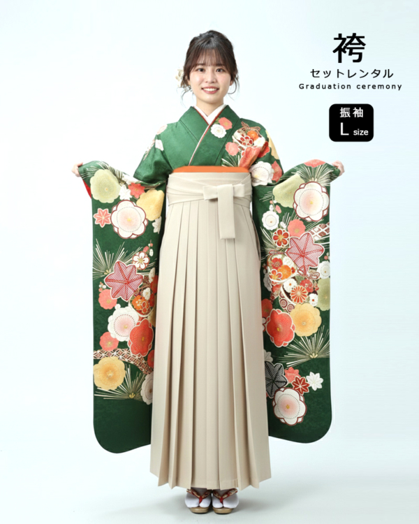 卒業式 袴 |振袖 深緑地に丸い花紋と鞠 Lサイズ・アイボリー袴
