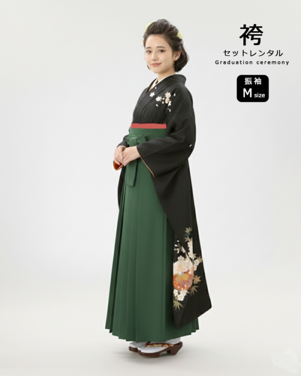 卒業式 袴 |振袖 黒地に桜の花びらと紅葉 Mサイズ・ 抹茶袴