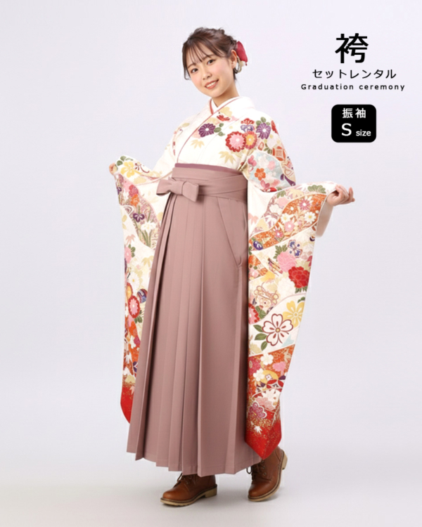 卒業式 袴 |振袖 白地に手毬と貝桶 Sサイズ・ くすみピンク袴