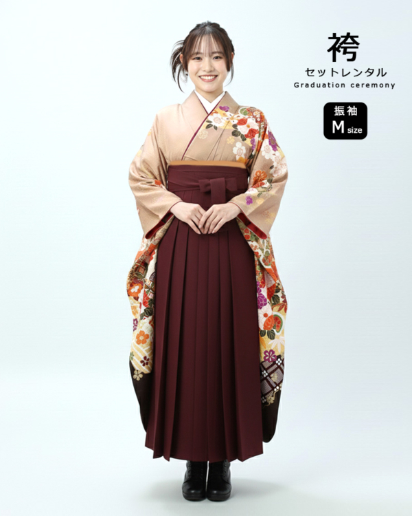 卒業式 袴 |振袖 ベージュ地に四季の花々 Mサイズ・ エンジ袴