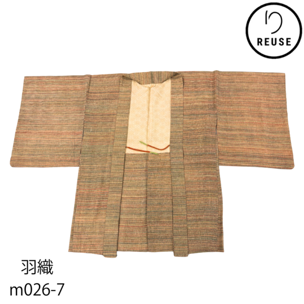 羽織 袷 正絹 リユース 中古 横段 縞模様 暖色系 マルチカラー m026-7R(8050-00179)