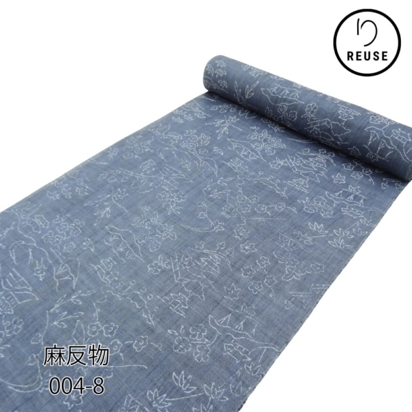 麻反物  リユース  藍色 山水風景模様 004-8s(8050-00252) 着尺 夏着物 リメイク素材に