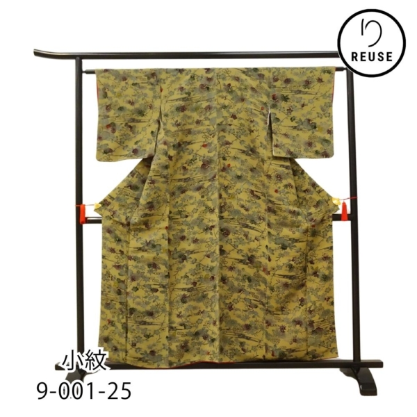 小紋 正絹 リユース 中古 黄土色 四季草花 流水紋様  9-001-25 (8050-00457)