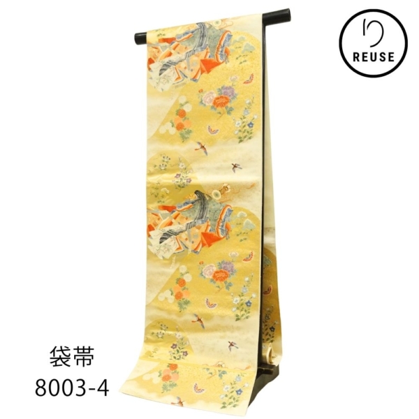 袋帯 正絹 リユース 中古 金地 源氏物語 十二単の姫君 六通柄 8003-4h フォーマル 礼装用