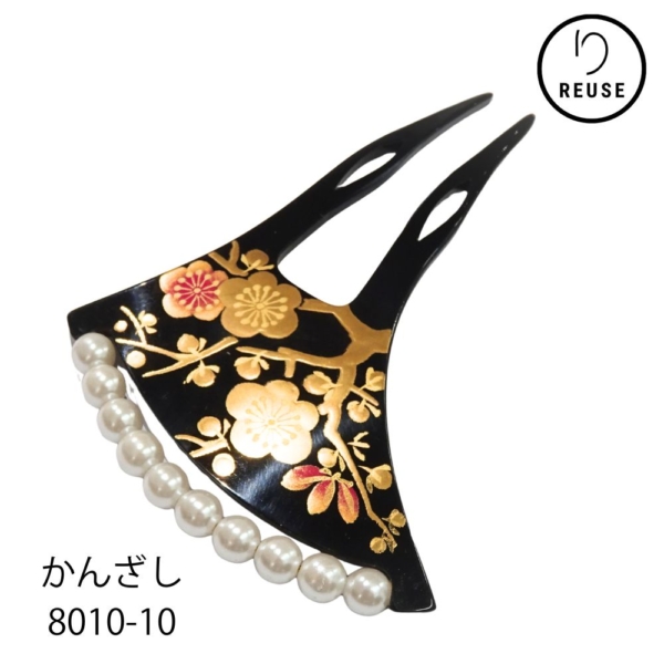 かんざし 未使用品 リユース バチ型 パール装飾 金彩 紅白梅 黒地 8010-10(8050-01010) 髪飾り 和装小物 着物 訪問着 留袖