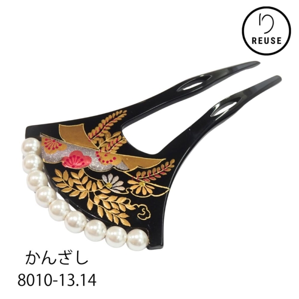 かんざし 未使用品 リユース バチ型 パール装飾 金彩 萩 菊 梅 黒地 8010-13.14(8050-01013.14) 髪飾り 和装小物 着物 訪問着 留袖