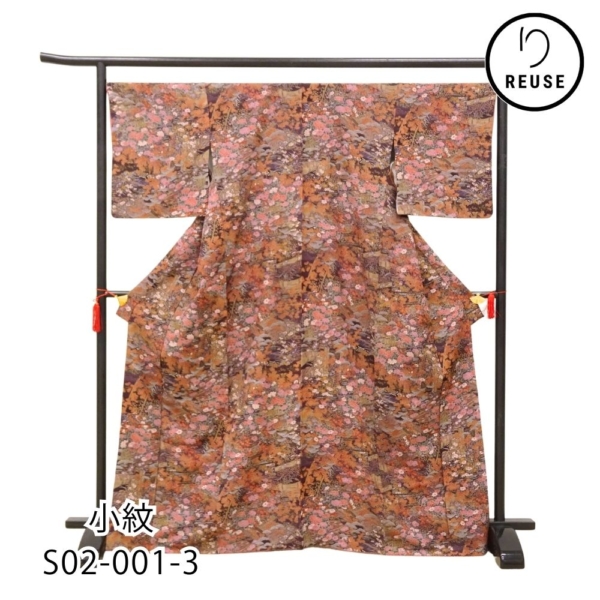 小紋 正絹 リユース 中古 雲取りに四季草花文様 S02-001-3(8050-00604) カジュアル お洒落着 袷
