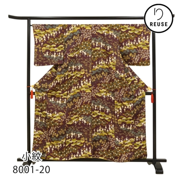 小紋 正絹 リユース 中古 袷 濃茶/紫 松竹梅 桜 流水 8001-20 モダン 上品 観劇 お食事会 お稽古に