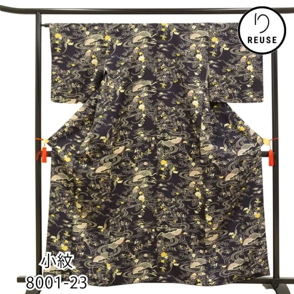 小紋 正絹 リユース 中古 袷 黒 扇 鼓 芝垣文様 縮緬 8001-23 モダン カジュアル セミフォーマル 普段着