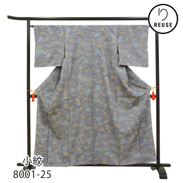 小紋 正絹 リユース 中古 袷 ろうけつ染 灰青色 抽象波文様 8001-25 観劇・お食事会・街歩きに