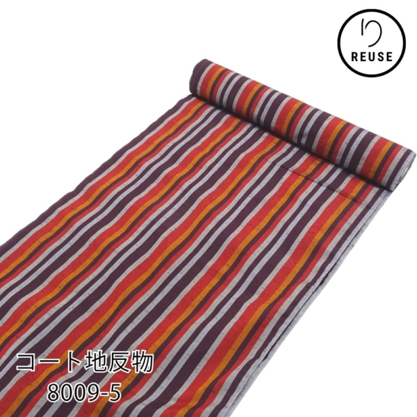 コート地反物 正絹 リユース 縞模様 グレー・朱赤・山吹色 紬地 8009-5 未仕立て カジュアル 道中着 道行 羽織 リメイク素材