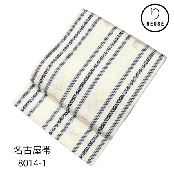 名古屋帯 正絹 リユース 中古 献上柄 白×紺 博多織風 短めサイズ 長さ233cm 8014-1