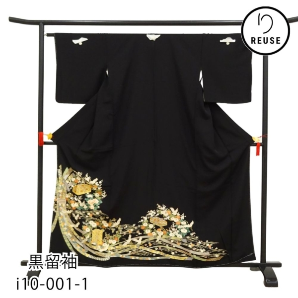 黒留袖 正絹 リユース 中古 袷 五つ紋 比翼仕立て 熨斗に花車 鳳凰 金彩 i10-001-1 (8050-00825) 結婚式 母親 親族 第一礼装 逸品