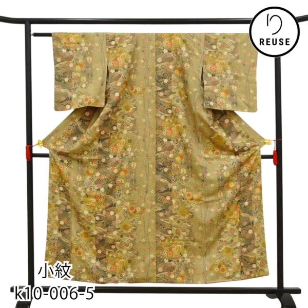 小紋 正絹 リユース 中古 袷 扇面 四季花文様 幾何学 縦縞 k10-006-5 (8050-00629) 上品 華やか お洒落着 仕立て上がり