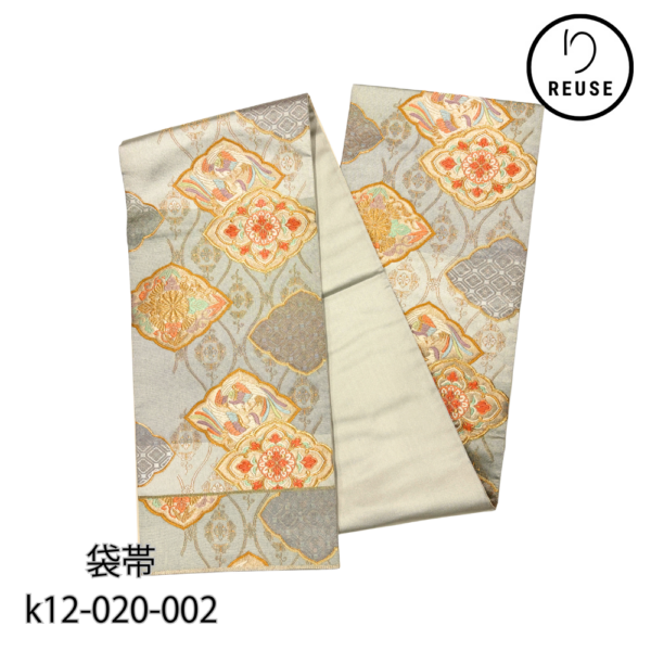 袋帯 正絹 リユース 袋帯 鳳凰 立涌 箔糸 シルバーグレー 六通 フォーマル 訪問着 留袖 k12-020-002