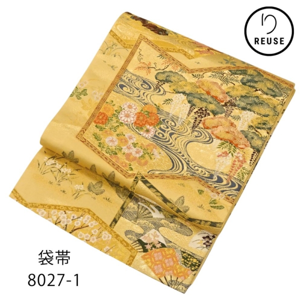 礼装用袋帯 正絹 リユース 中古 西陣織 扇面 流水 四季花文 8027-1 (8050-01024)フォーマル 訪問着 色無地 留袖 結婚式 お宮参り 七五三