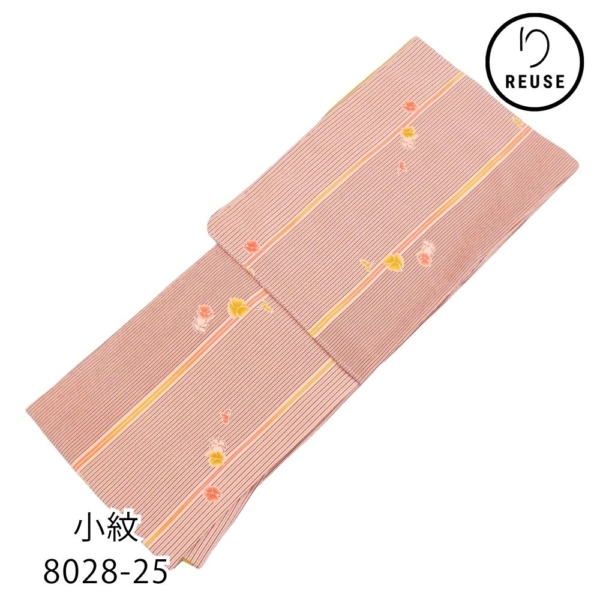 小紋  袷 化繊 リユース 未使用 ピンク色 縞に小花模様 8028-25 上品・フェミニン お出かけ・普段着に