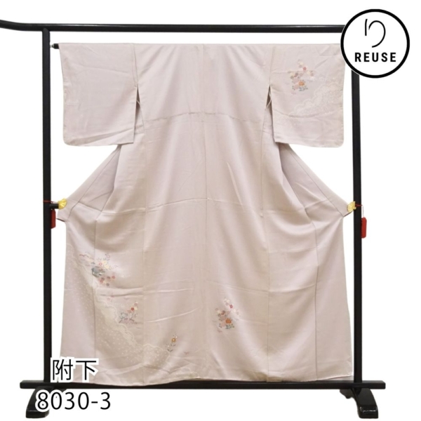 附下  正絹 リユース 中古 袷 くすみパープル 四季草花 疋田 鹿の子絞り 8030-3 上品 セミフォーマル