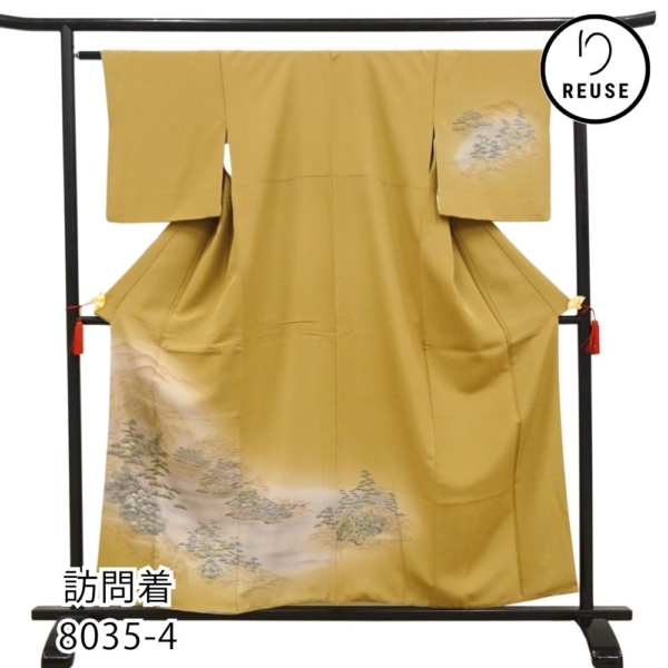 訪問着  正絹 リユース 中古 袷 芥子色 山水風景 橋に松 8035-4 上品 フォーマル