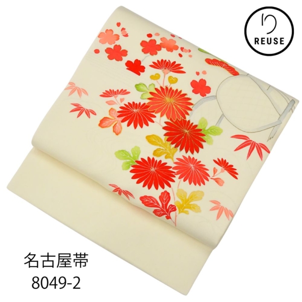 名古屋帯 正絹 リユース 中古 白地 菊尽くし 金駒刺繍 8049-2 セミフォーマル お洒落帯