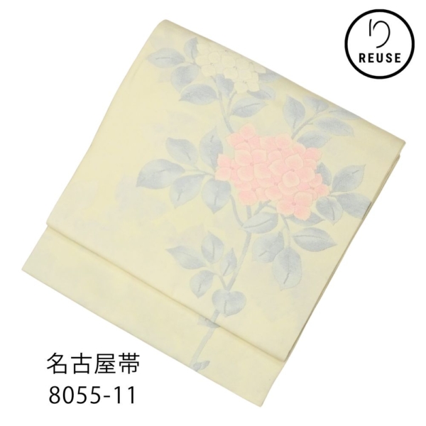 九寸名古屋帯 正絹 リユース 中古 西陣織 アイボリー 紫陽花文様 8055-11 セミフォーマル カジュアル