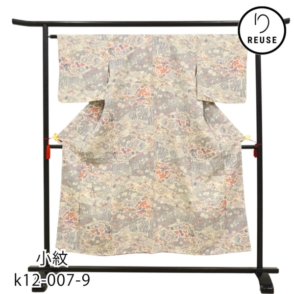 小紋  正絹 リユース 未使用 袷  辻が花調 グレー地 雲取りに花紋と小鳥 k12-007-9 洒落着 カジュアル お出かけ