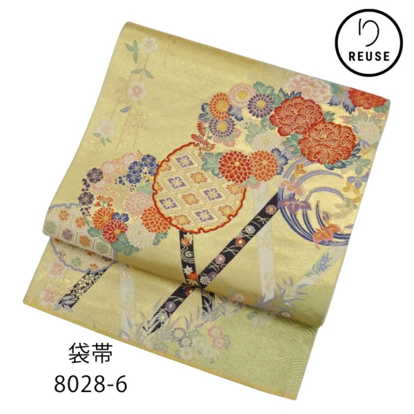 礼装用袋帯 正絹 リユース 金地 華文 雪輪に四季花 観世水  8028-6  六通柄 訪問着 留袖 色無地 フォーマル