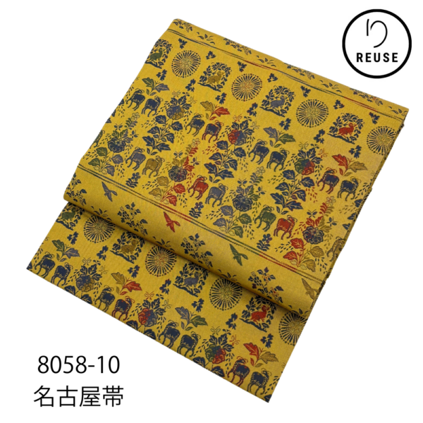 名古屋帯 正絹 リユース 中古  紹巴織「鳥獣花間道」更紗調 緻密紋様 金茶 8058-10