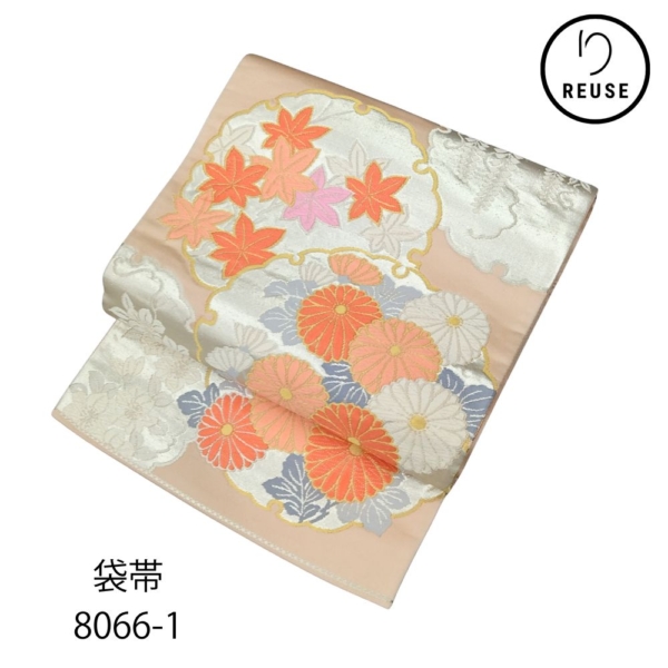 袋帯 正絹 リユース 雪輪 薄ピンク色 8066-1 お洒落着 普段使い