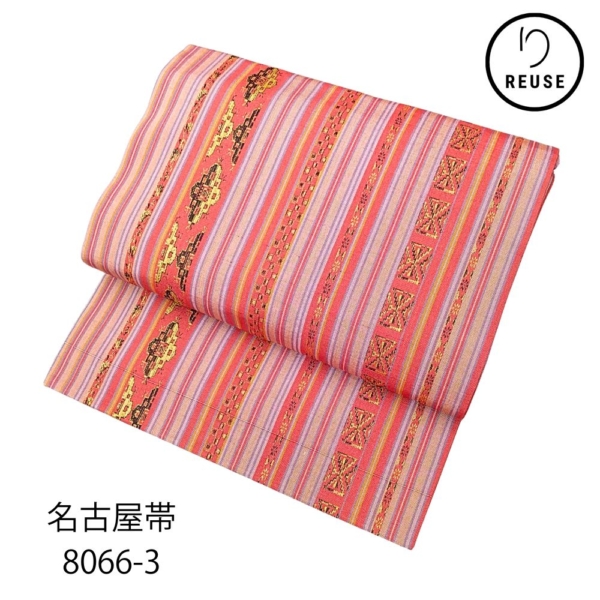 名古屋帯 正絹 リユース 未使用  赤系 暖色ストライプ 幾何学模様 織り柄 カジュアル帯 8066-3